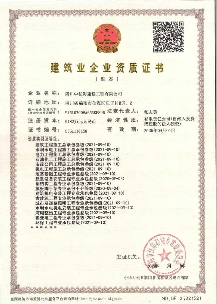四川中億海建設工程有限公司證書